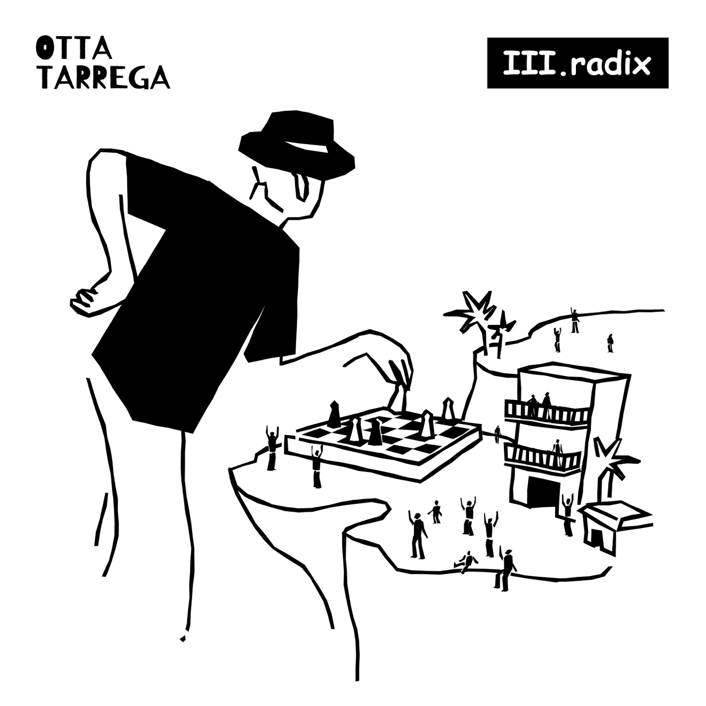 A large figure in a hat, bent over, moving a chess piece across a very small world of people with raised hands. Black and white line drawing.